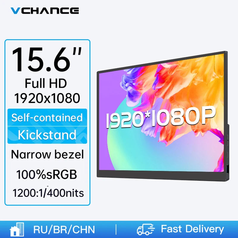 VCHANCE Moniteur Portable 15.6'' FHD 1080p HDR – Support Intégré | PC, Laptop, PS4/5, Switch, Xbox