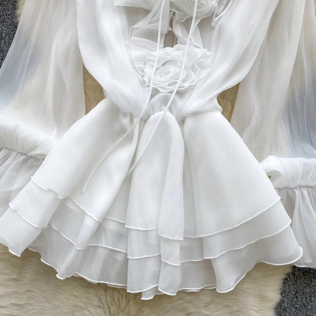 Robe Courte Femme Fleurs 3D Manches Longues Laçage Volants Mousseline – Vintage Bohème Sexy | Plage Été