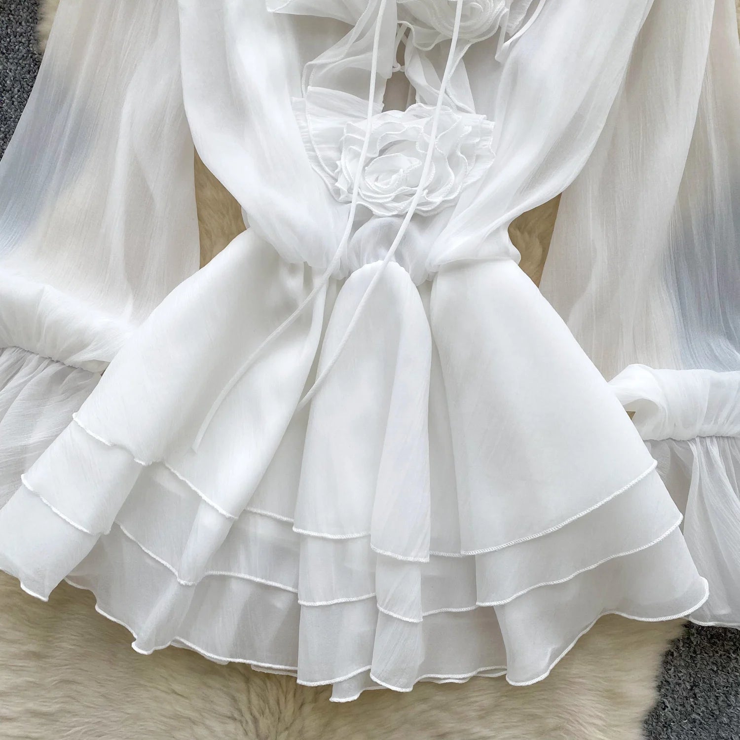 Robe Courte Femme Fleurs 3D Manches Longues Laçage Volants Mousseline – Vintage Bohème Sexy | Plage Été