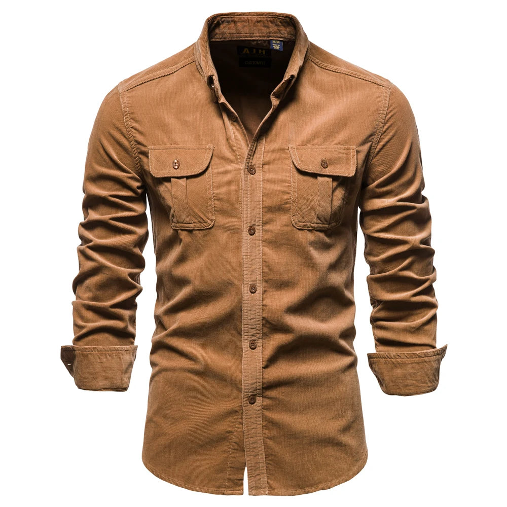 Chemise Homme Velours Côtelé 100% Coton Slim Fit Couleur Unie Business Casual Fashion Automne Boutonnage Simple Élégante Intemporelle – Chemise Velours Côtelé Premium Slim | Mode Homme Business Casual Premium