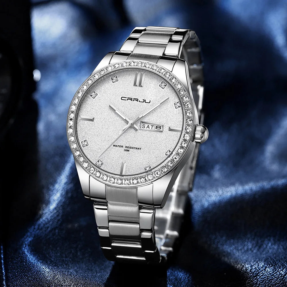 Montre Homme CRRJU Moissanite Diamant Luxe Cadran Doré Acier Inoxydable Lumineux Élégante Premium | Montre CRRJU Moissanite Diamant Luxe Premium
