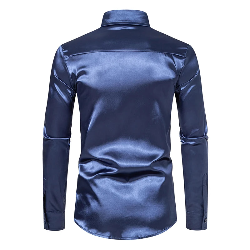 Chemise Homme Satin Noir Luxe Soie Lisse Tuxedo Mariage Soirée Prom Casual Business Bureau Élégante Couleur Unie Premium – Chemise Satin Luxe Cérémonie | Mode Homme Luxe Cérémonie Premium