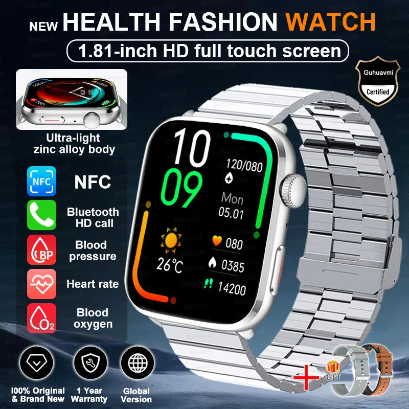 Smartwatch 2025 Unisex Gesundheit NFC Bluetooth – Blutdruck Sauerstoff Sport Anrufe | Herren & Damen