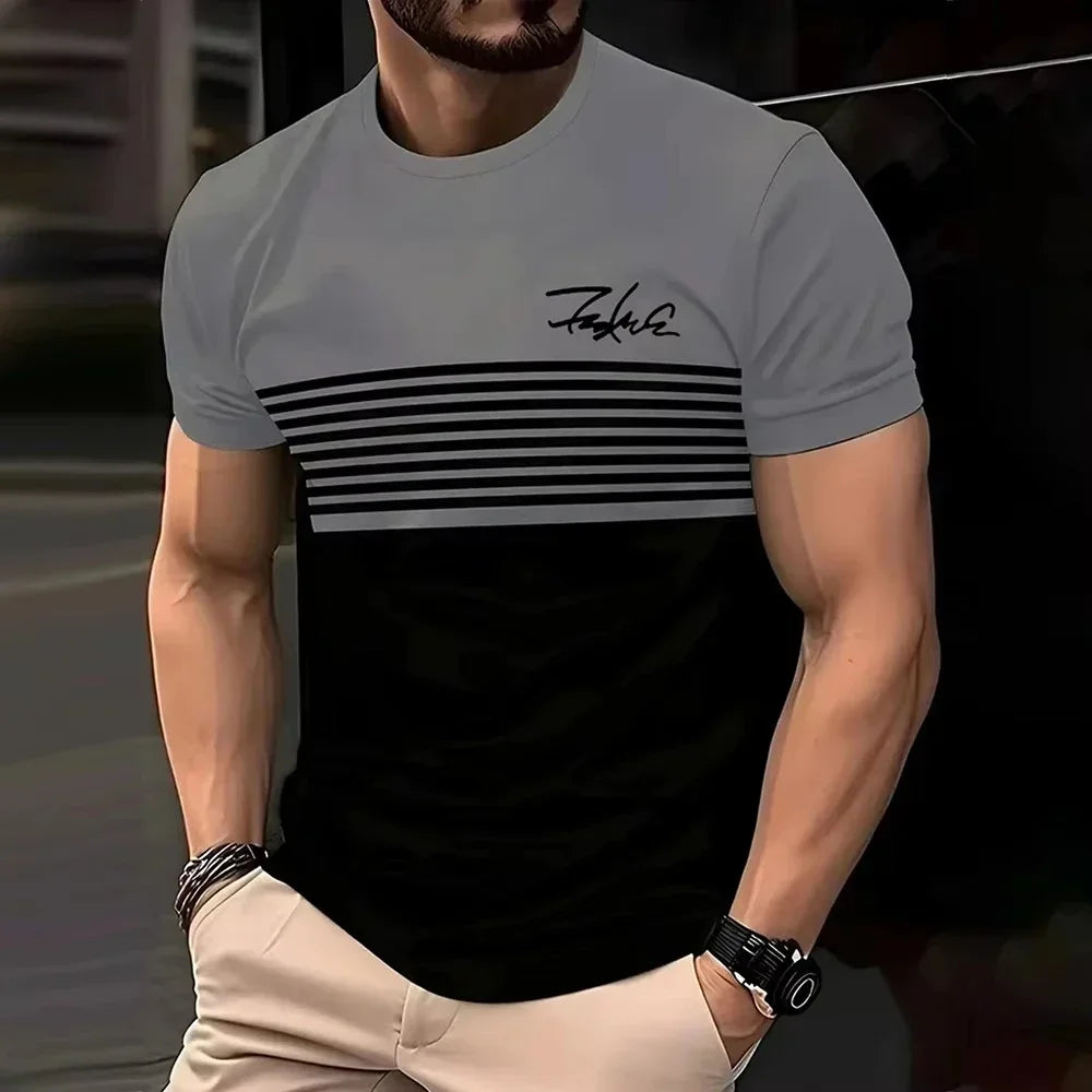 T-shirt Homme 3D Rayé Col Rond – Streetwear Casual Été Tendance Pullover