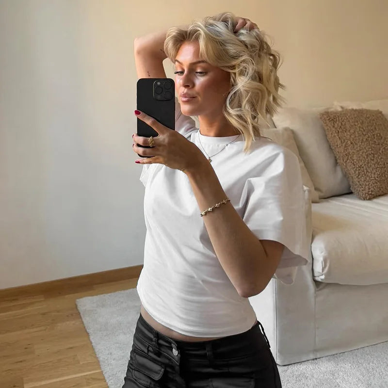 T-Shirt Crop Top Femme Gris Col Rond Style Corset – Casual Solid Streetwear | Printemps Été