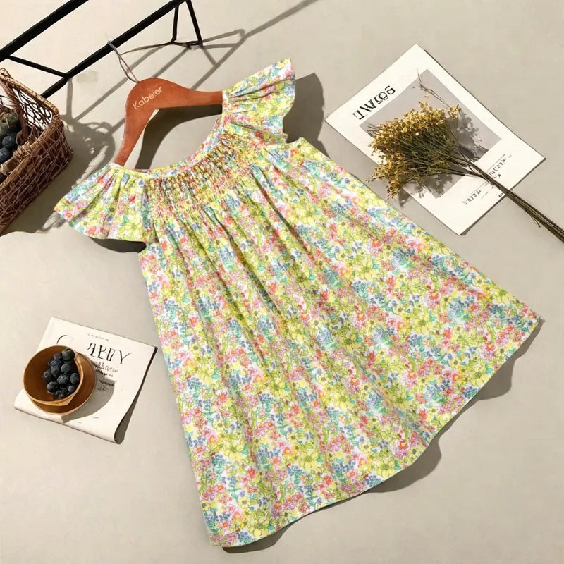 Robe Été Fille Fleurie Smockée Manches Volantes – Tenue Quotidienne Adorable 1-6 Ans