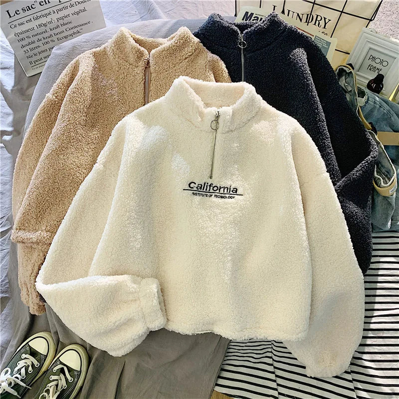 Sweat Court Femme Col Montant Polaire Brodé Cordon Manches Longues Velours Peluche Élégant – Hoodie Crop | Automne