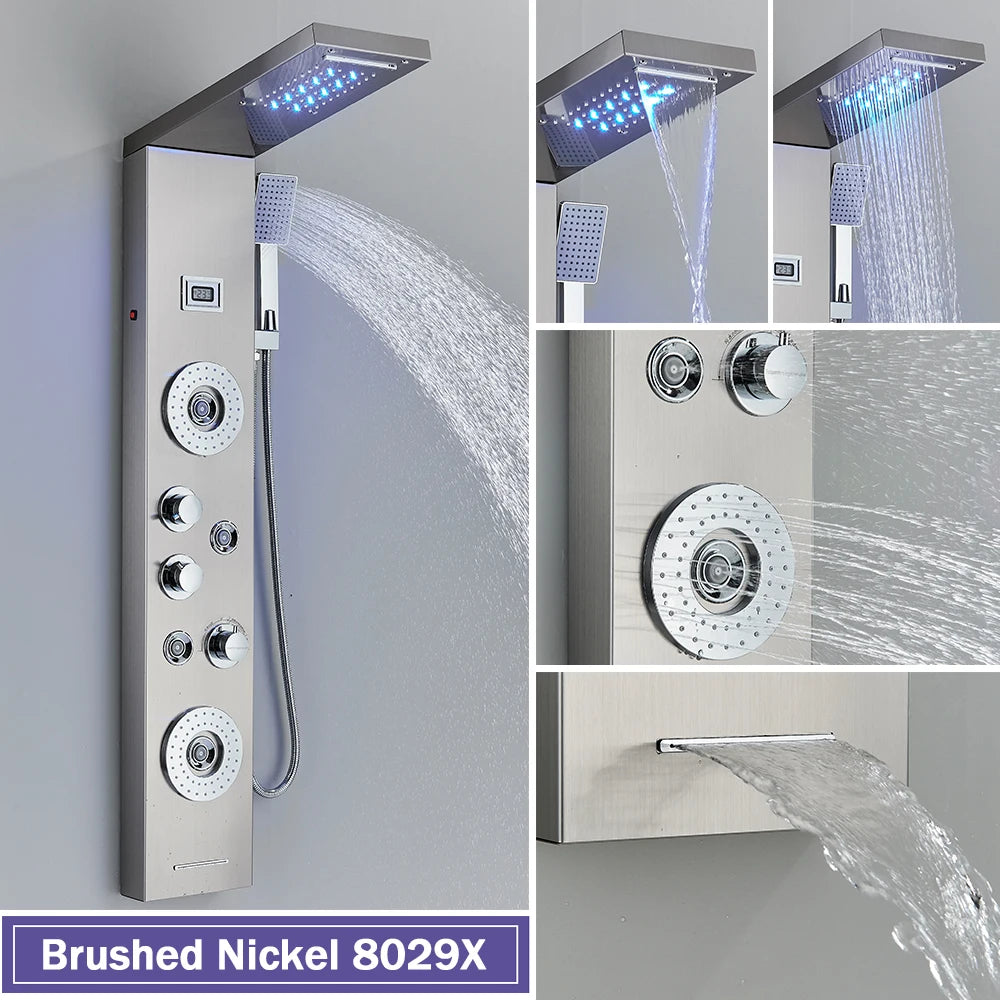 Rozin Colonne Douche Noire LED – 5 Modes dont Jets Massage & Cascade, Pluie, Affichage Digital | Panneau SPA Salle de Bain