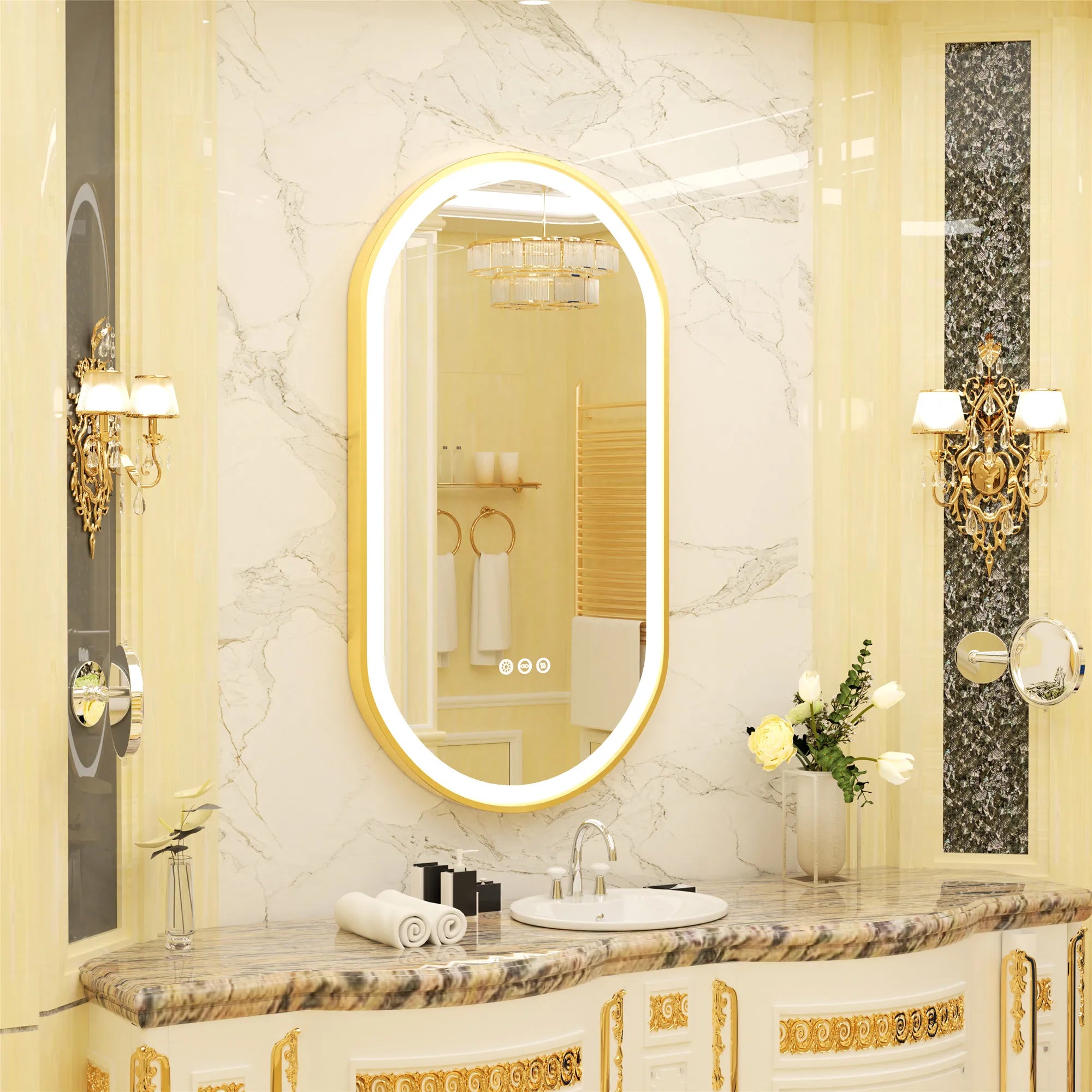 Large LED Oval Bathroom Mirror with Stepless Dimmable Lighted Vanity Mirror for Wall Mounted Vanity with Frame Anti-Fog Memory
