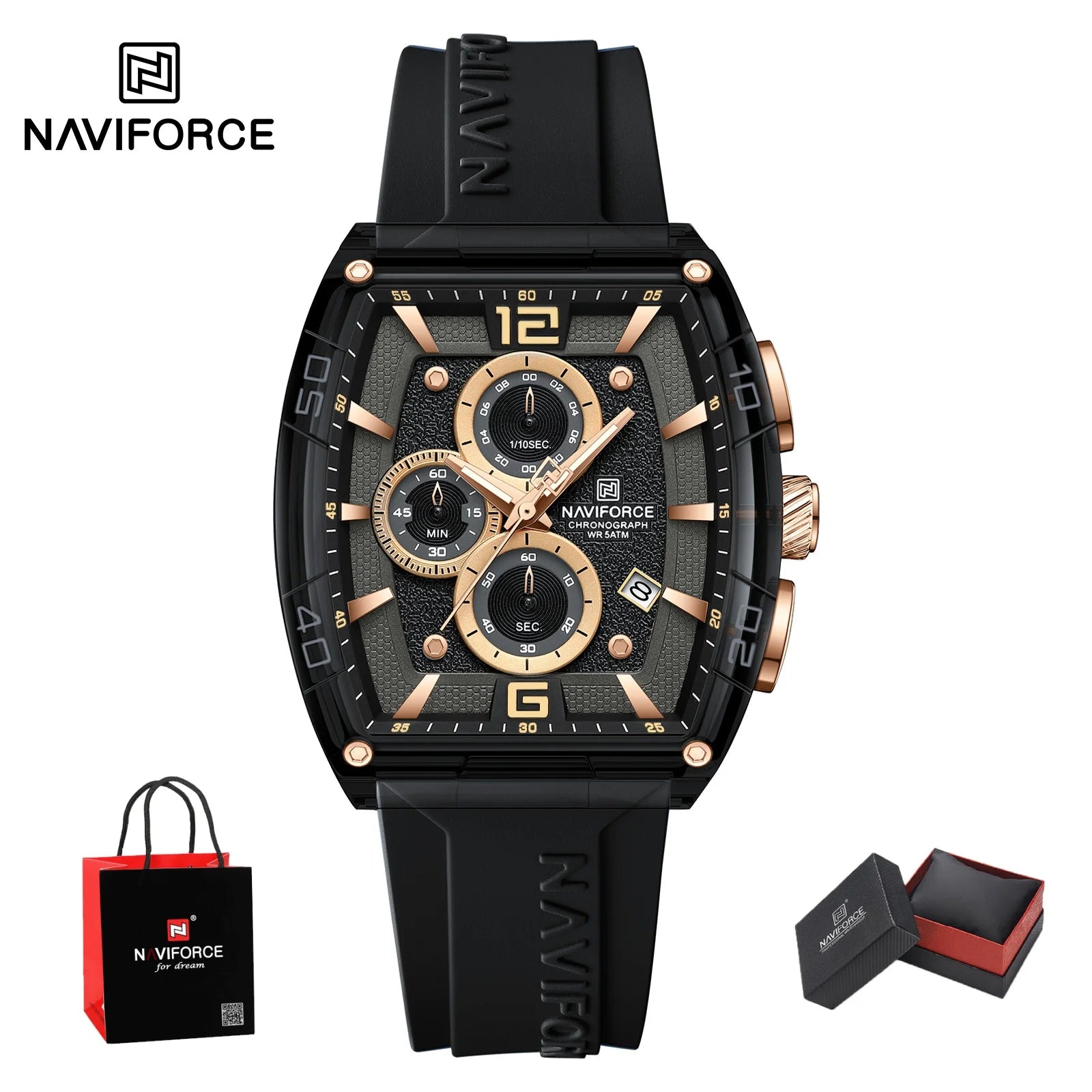 Montre Homme NAVIFORCE Luxe Sport Étanche Bracelet Silicone Quartz Lumineux Chronographe Coffret Cadeau Inclus | Montre NAVIFORCE Chronographe Sport Luxe Premium