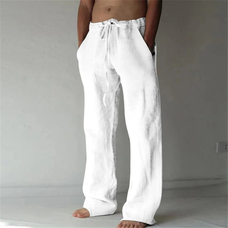 Pantalon Homme Lin Casual Quotidien Couleur Unie Été Longueur Complète Doux Taille Moyenne Poches Cordon Streetwear Confortable Léger – Pantalon Lin Premium Casual | Mode Homme Casual Premium