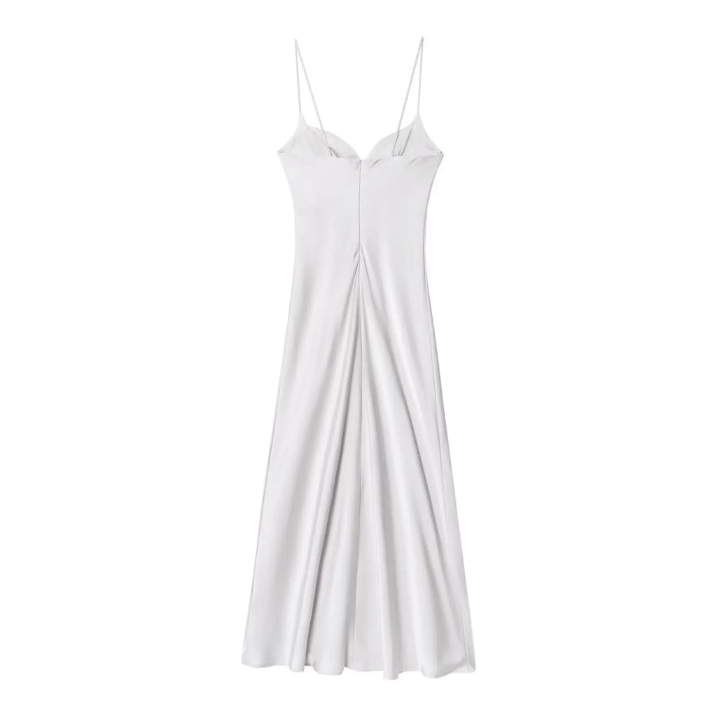 Robe Longue Femme Satin Rouge Col V Bretelles Sans Manches – Fermeture Dos Zip Élégante | HH Été 2025