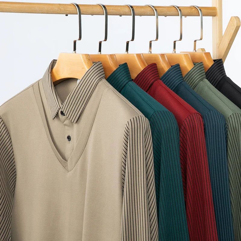 Polo Homme Manches Longues Faux Deux Pièces Couleur Unie – Business Casual Élégant Toutes Saisons Polyvalent | Mode Homme Premium