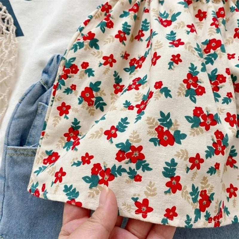 Ensemble Fille Été Bretelles + Short – Tenue Casual Enfant Jupe Fleurie 2 Pièces