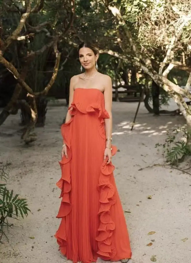 Robe Longue Femme Orange Chiffon Plissée Volants Sans Bretelles – Élégante Plage & Soirée | Été