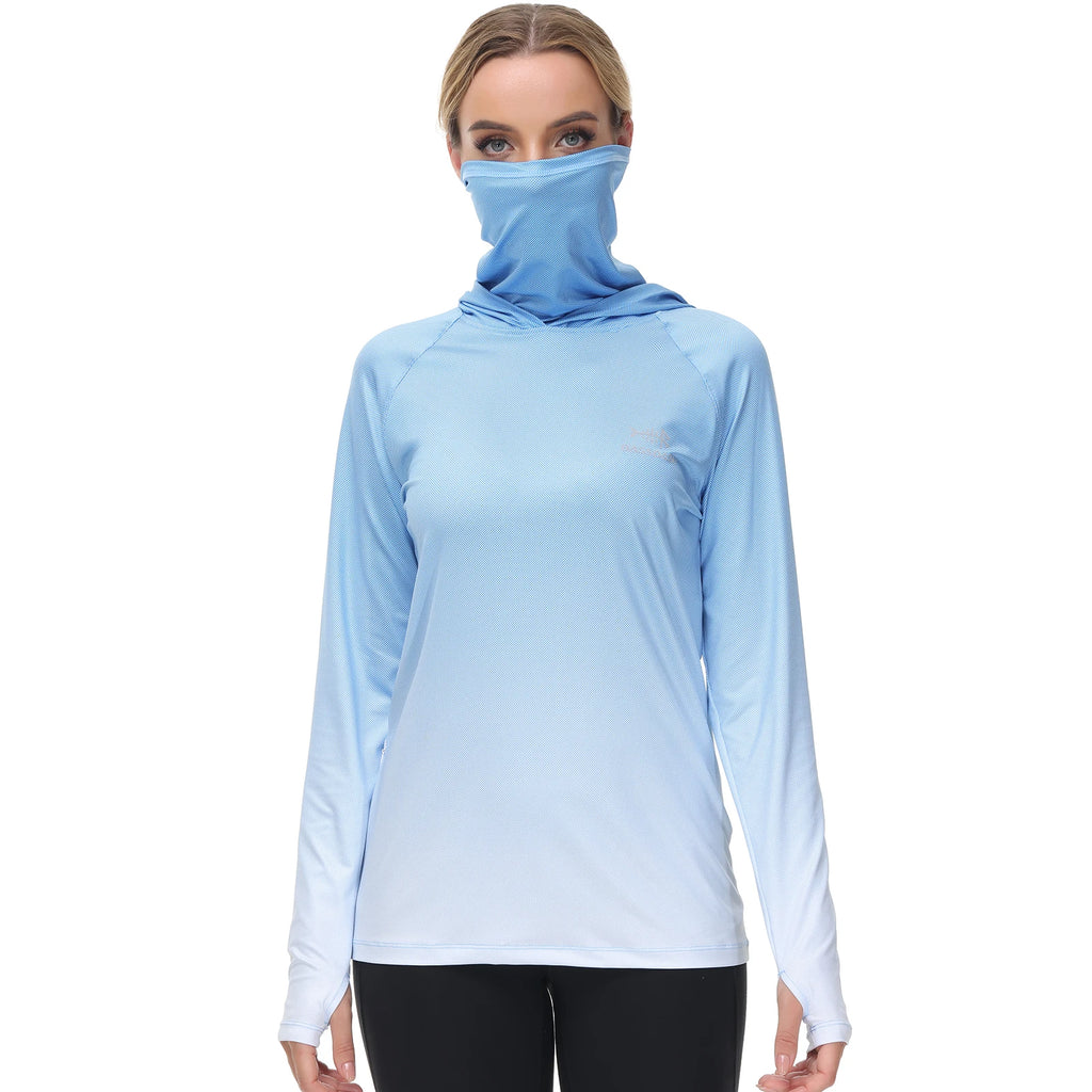 Bassdash Hoodie Anti-UV UPF 50+ Damen – Integrierte Gesichtsbedeckung & Daumenlöcher | Schnelltrocknend & Atmungsaktiv | Angeln, Wandern & Radfahren