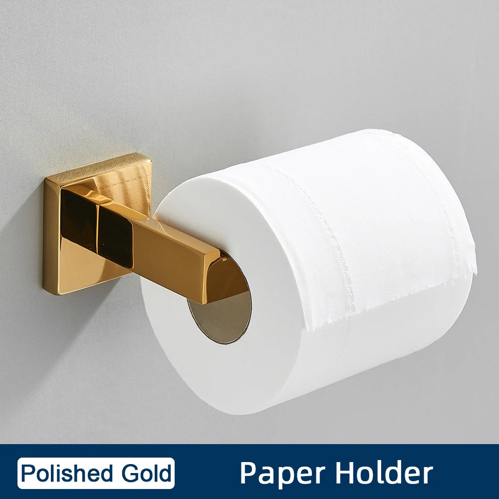 Set Accessoires Salle de Bain Inox – Porte-Serviettes, Porte-Papier & Crochet | Noir & Or Mural