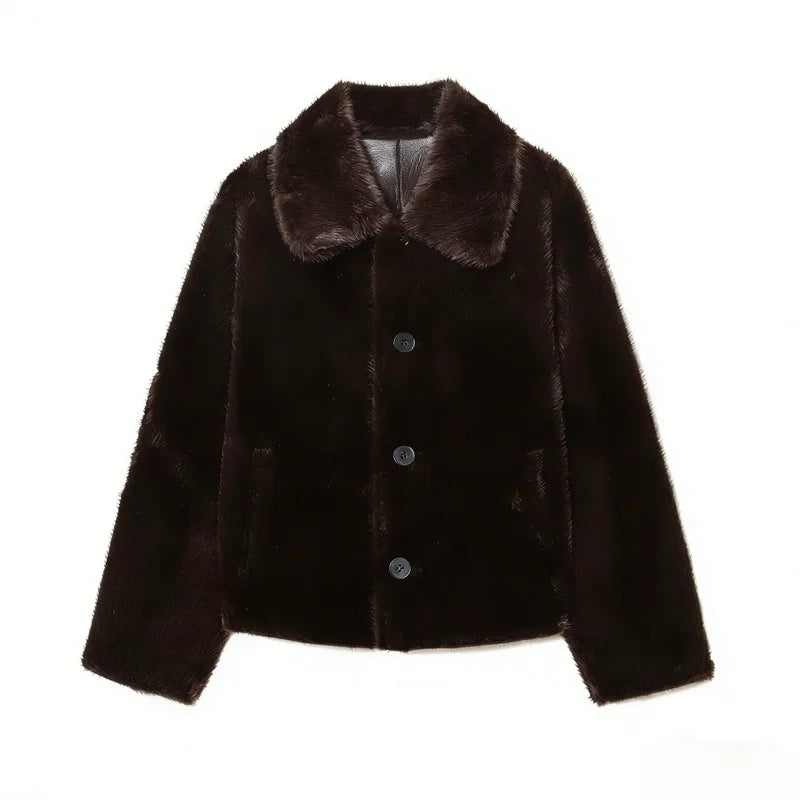 Veste Femme Cuir Synthétique Réversible Marron 2025 – Manches Longues Automne Hiver Unique