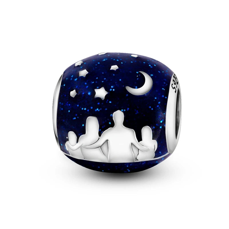 Charm Argent 925 Bleu Rotatif – Œil Démon, Main, Lune & Ciel Étoilé | Perle Pendentif Bracelet Femme | Bijou Spirituel & Mystique