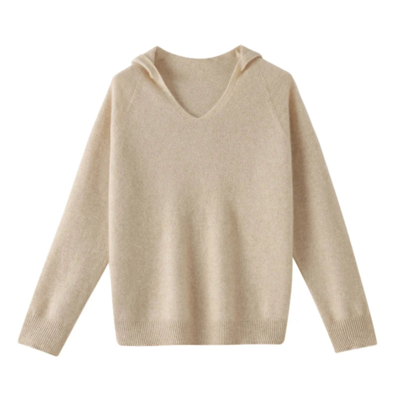 Pull Cachemire Femme 100% Laine Mérinos Col V À Capuche – Chaud Élégant Tendance | Automne Hiver