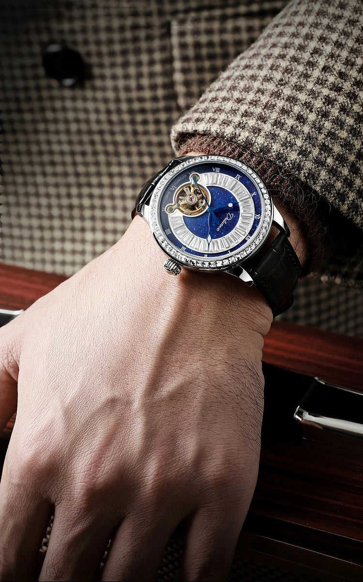 Montre Homme Tourbillon Automatique Mécanique – Cadran Strass Lumineux Sport Étanche Acier