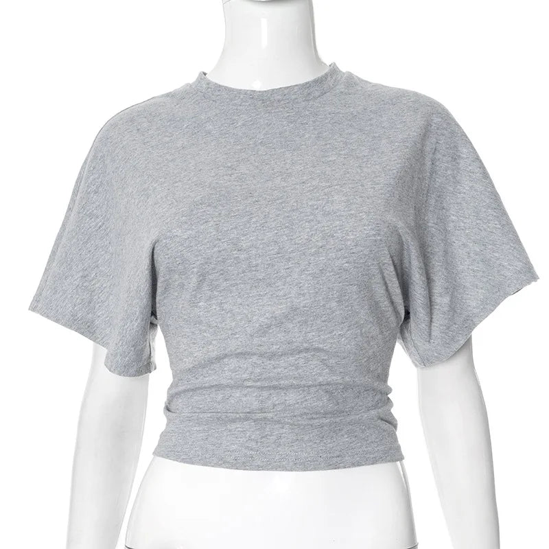 T-Shirt Crop Top Femme Gris Col Rond Style Corset – Casual Solid Streetwear | Printemps Été