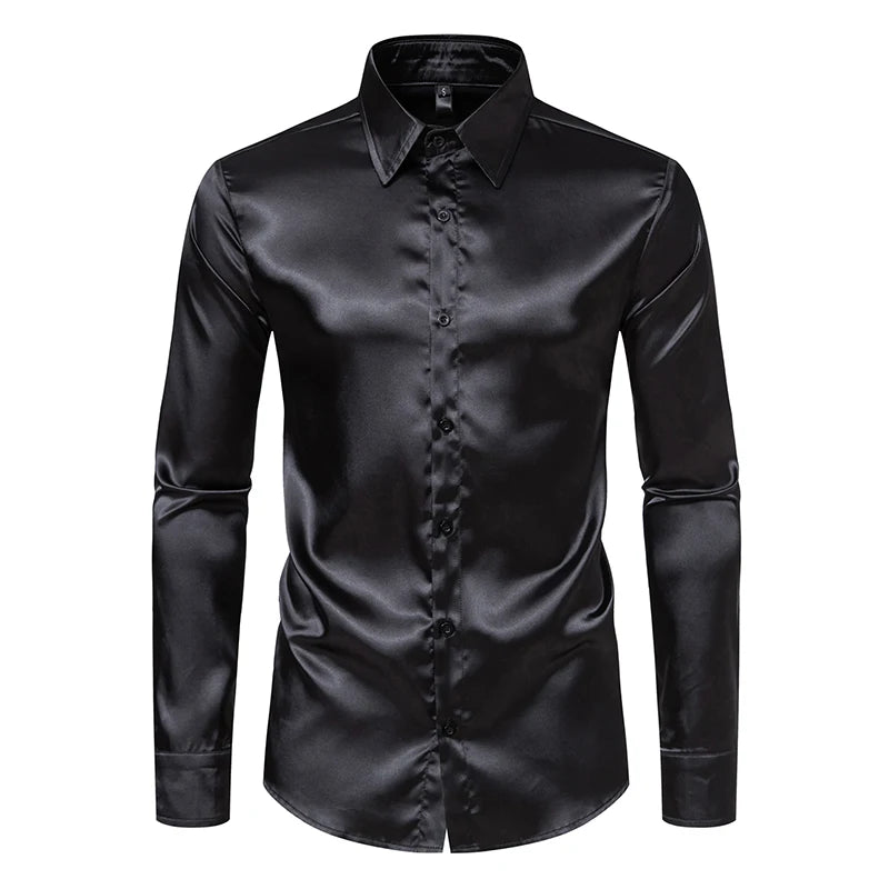 Chemise Homme Satin Noir Luxe Soie Lisse Tuxedo Mariage Soirée Prom Casual Business Bureau Élégante Couleur Unie Premium – Chemise Satin Luxe Cérémonie | Mode Homme Luxe Cérémonie Premium