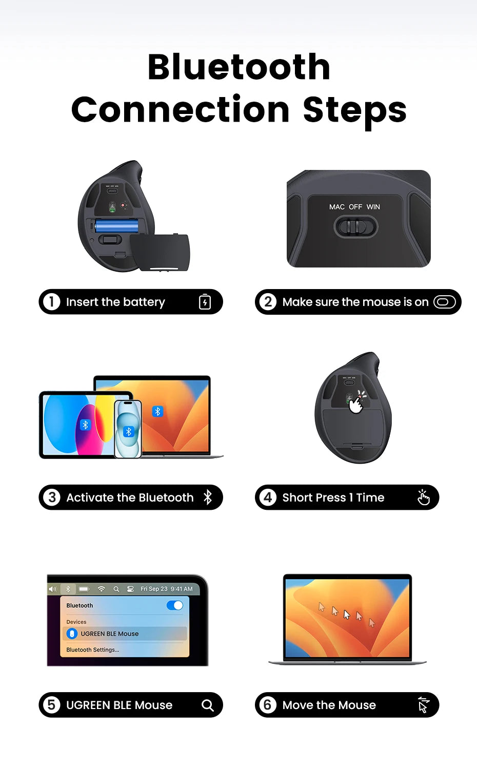 UGREEN Souris Verticale Ergonomique Sans Fil – Bluetooth 5.0 & 2.4G, 4000 DPI, 6 Boutons Silencieux | MacBook, PC & Tablette