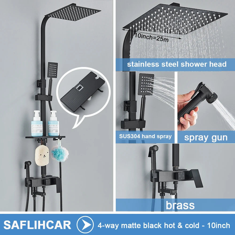 Ensemble Douche Pluie Mural Noir & Chrome Laiton – Étagère Offerte, Mitigeur Eau Chaude & Froide | Système Complet Salle de Bain