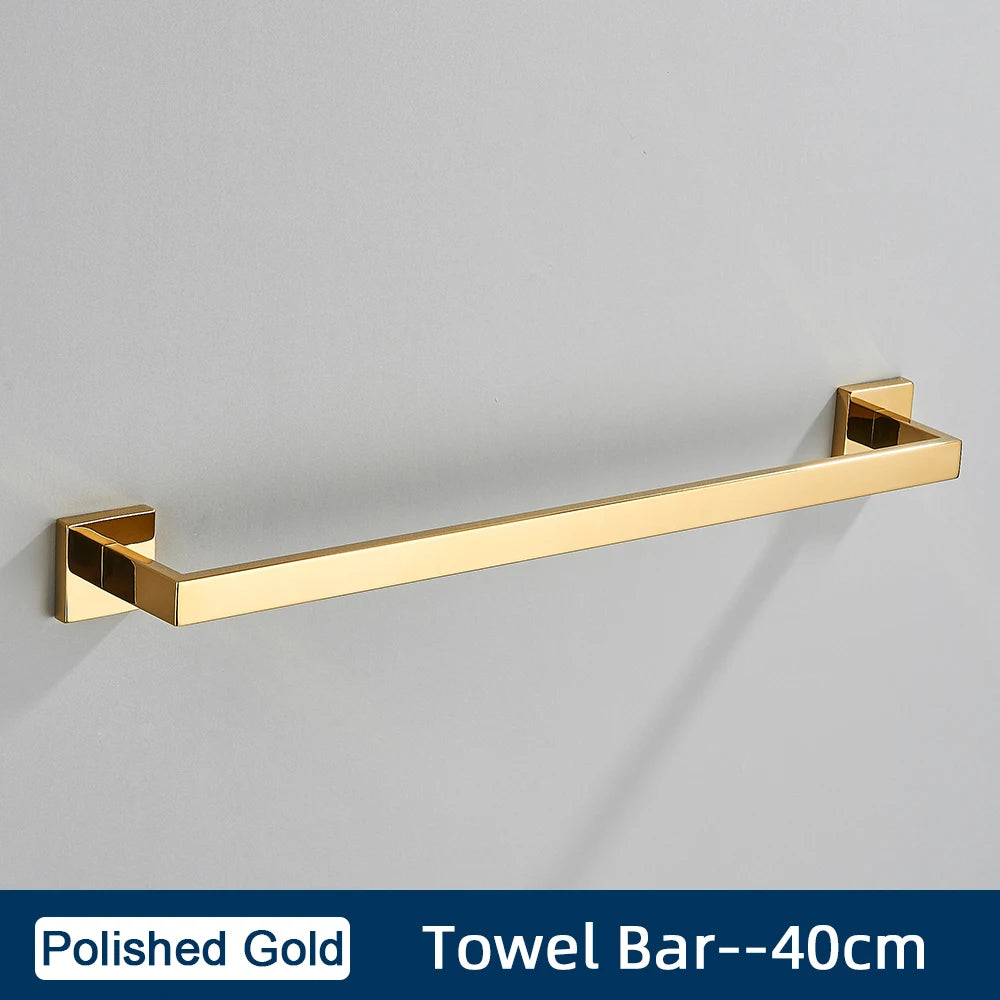 Set Accessoires Salle de Bain Inox – Porte-Serviettes, Porte-Papier & Crochet | Noir & Or Mural