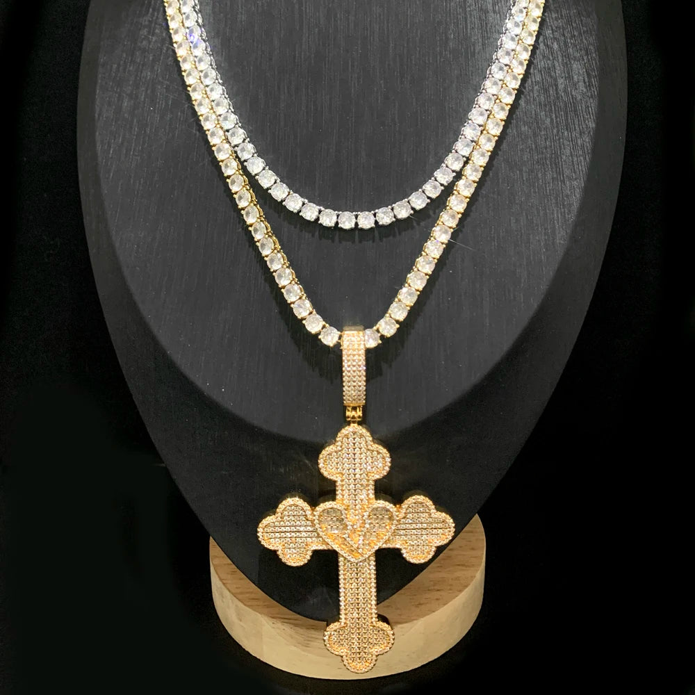 Collier Pendentif Hip Hop Bling 5A CZ Pavé Croix & Cœur Glacé – Chaîne Cuban Link, Tennis & Corde | Bijou Homme Rapper Streetwear Premium