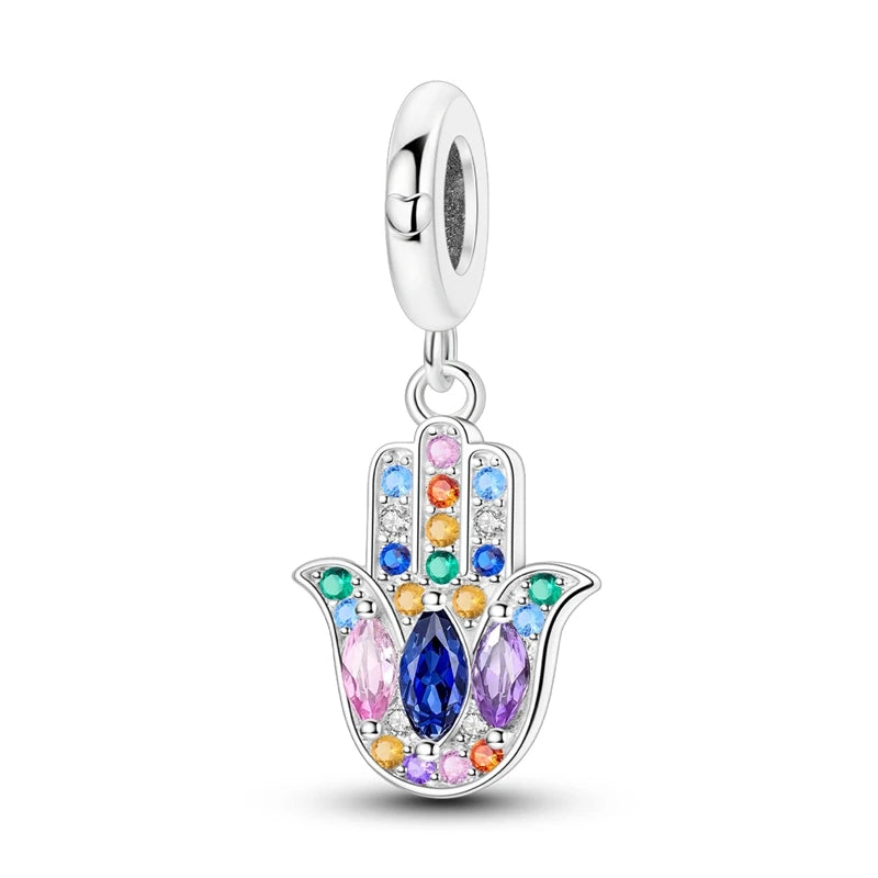Charm Argent 925 Bleu Rotatif – Œil Démon, Main, Lune & Ciel Étoilé | Perle Pendentif Bracelet Femme | Bijou Spirituel & Mystique