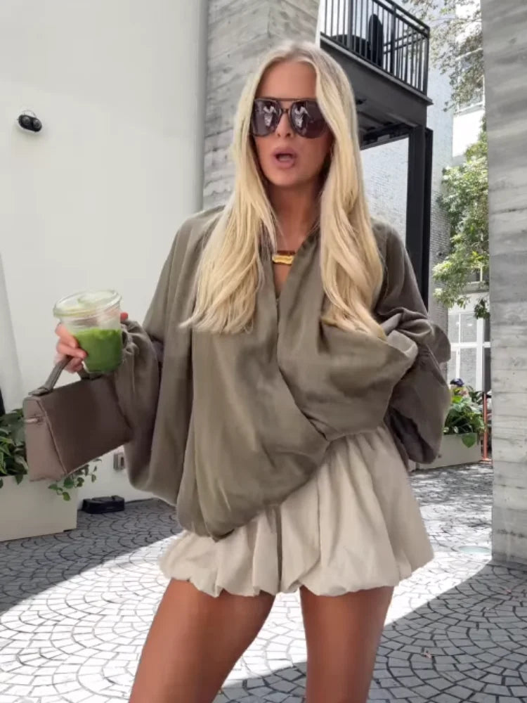 Veste Femme Suède Vert Élégante Manches Bouffantes Revers Fermeture Éclair Ample Plissée – Blouson Court Streetwear Printemps Automne | Mode 2025