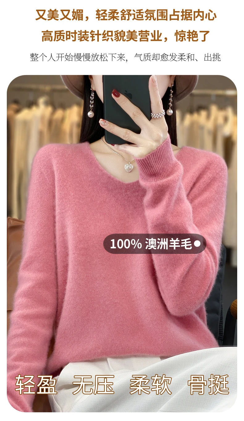 Kaschmirpullover 100% Wolle V-Ausschnitt Damen - Strick Casual Korean Fashion Herbst Winter