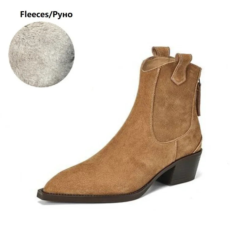 Bottes Suède Vache Chunky Heel Western Femme – Bout Pointu Noir Zip Concis Automne