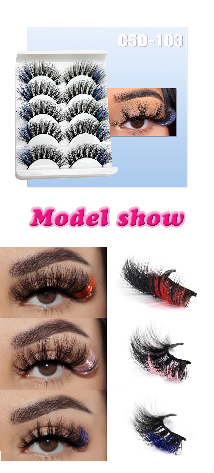 Faux Cils 3D Mink Colorés – Lot 5 Paires Fluffy | Rose, Bleu, Rouge | Maquillage Festif