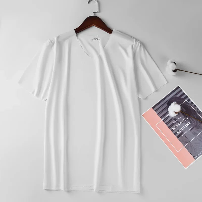 T-Shirt Sous-Vêtement Homme Soie de Glace Col V Sans Couture Slim Respirant Léger Grande Taille – Maillot de Corps Fin Confortable | Mode Homme Essentiel