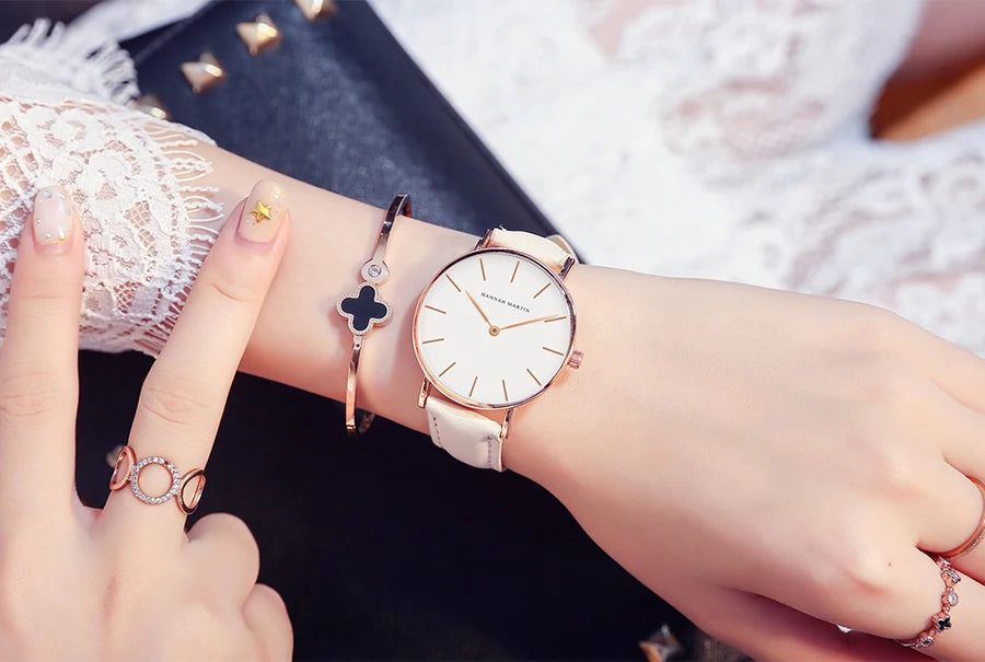 Montre Femme Luxe HANNAH MARTIN Ultra-Fine 36mm Cuir Or Rose – Étanche Élégante Fashion