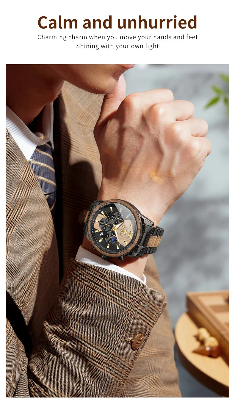 Montre Homme OLEVS Luxe Quartz – Bracelet Acier & Bois Santal Rouge Lumineux Étanche Calendrier