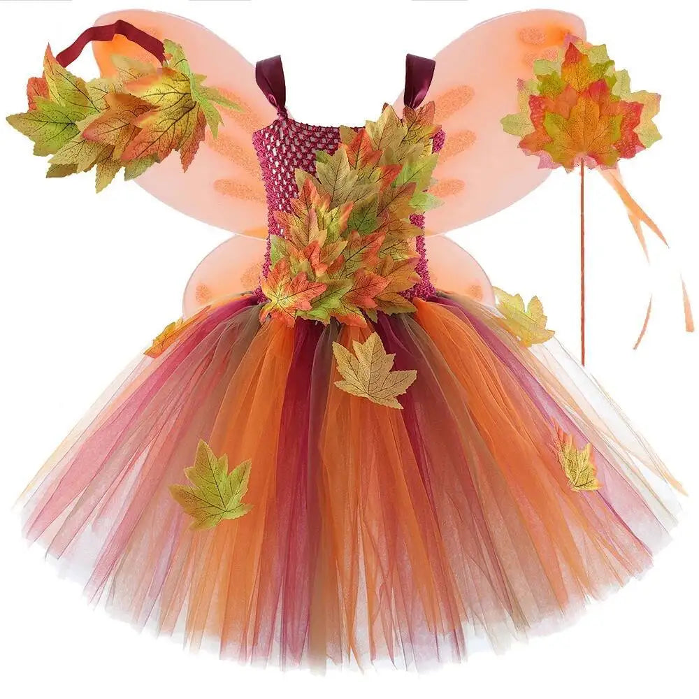 Déguisement Fée des Forêts Fille – Robe Elfe Princesse Feuilles d'Automne avec Ailes Halloween Noël