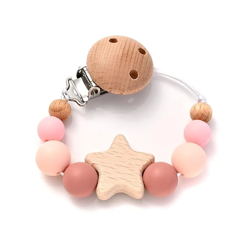 Attache-Tétine Bébé Perles Silicone & Bois Étoile – Chaîne Anneau Dentition Jouet À Mâcher Cadeau Naissance