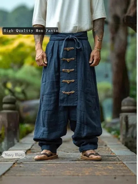 Pantalon Homme Lin Coton Large Ethnique Casual Couleur Unie Lacets Baggy Vintage Streetwear Printemps Été Confortable Léger – Pantalon Boho Premium Jambe Large | Mode Homme Casual Premium