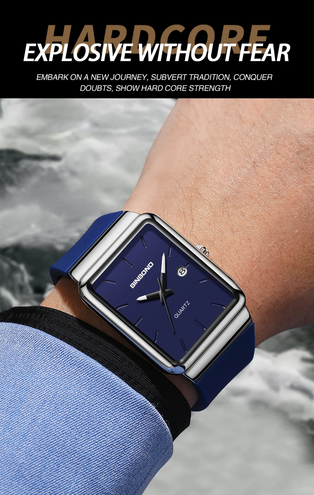 Montre Homme BINBOND Carré Quartz Silicone – Fashion Simple Étanche Tendance Original