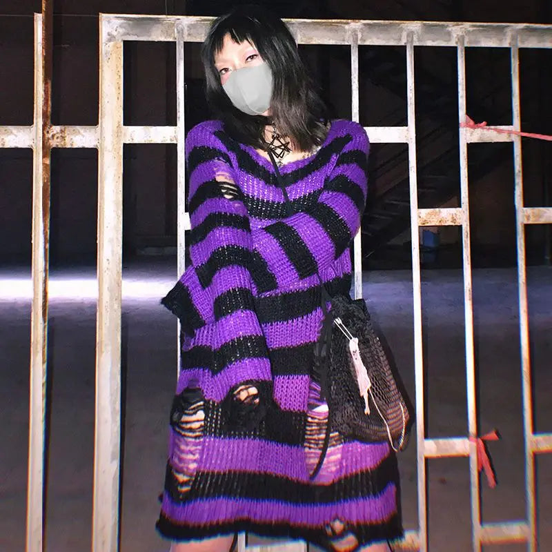 Gothic Damen Strickpullover Lila Streifen Zerrissen Ausgefranst – Fairy Grunge Lolita Emo Streetwear Stil