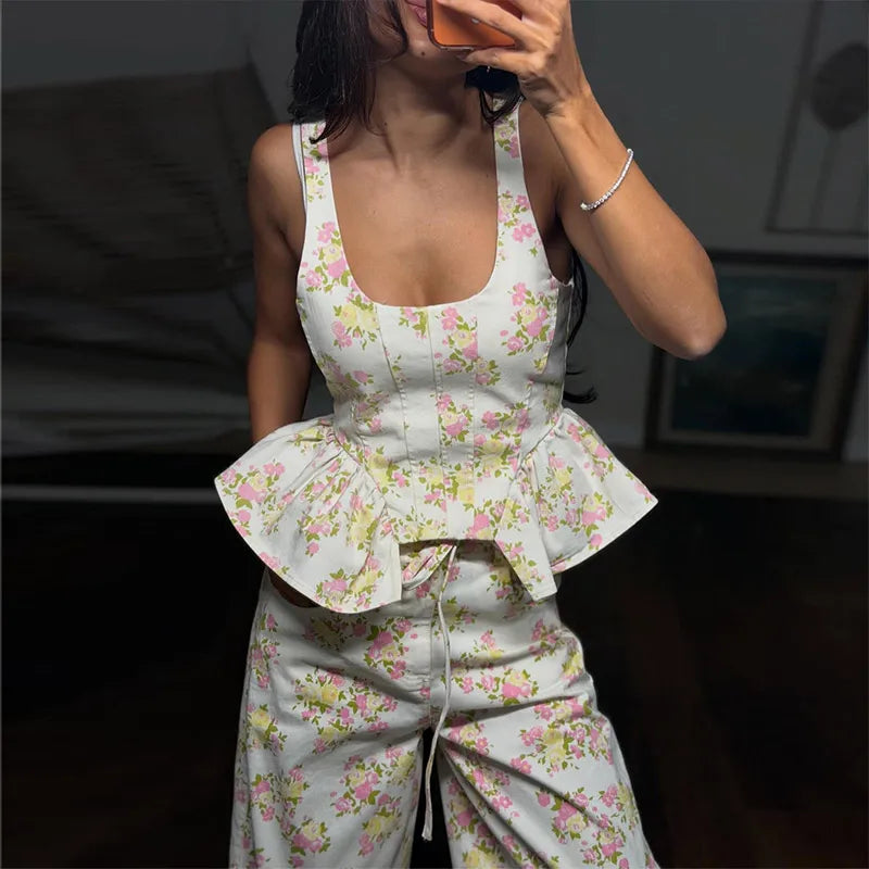 Ensemble 2 Pièces Imprimé Élégant - Gilet Sans Manches À Volants & Pantalon Large | Printemps Été 2026