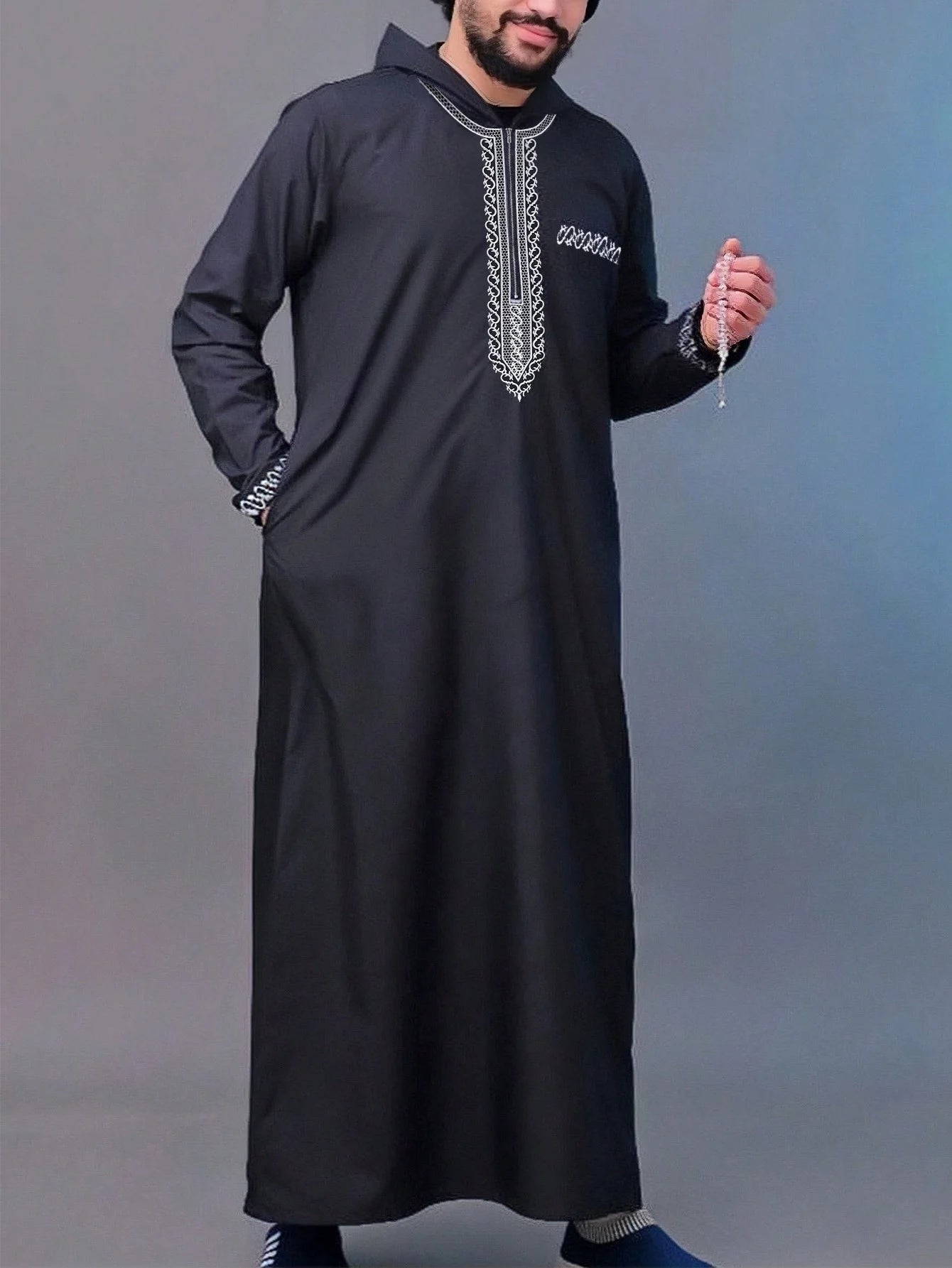Djellaba Abaya Homme Marocaine Longue À Capuche Broderie Luxe Poches Latérales Style Moyen-Orient Musulman Élégante Cérémonie – Robe Traditionnelle Premium | Mode Homme Orientale Premium