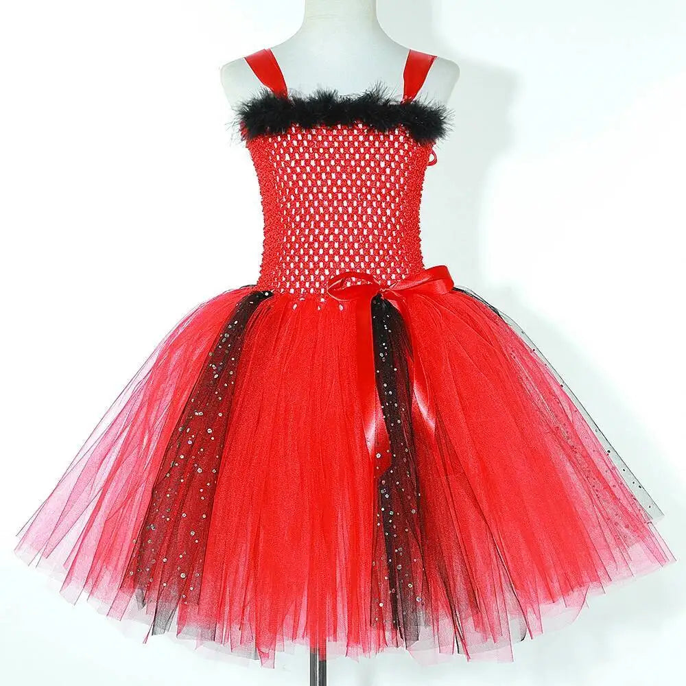Déguisement Diablesse Rouge Fille – Robe Tutu Demon avec Ailes Cornes Trident Halloween Carnaval