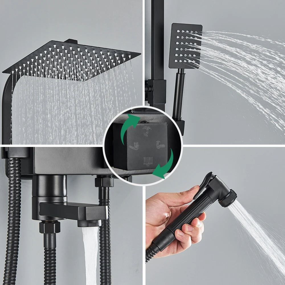 Rozin Ensemble Douche Pluie Mural Noir – Avec Bidet, Étagère & Bec Baignoire | Système Complet Laiton