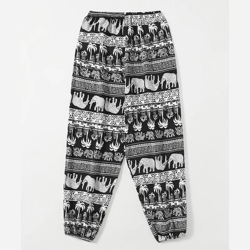 Pantalon Femme Léger Imprimé Tropical Bambou Éléphant Sport Outdoor Cheville Anti-UV – Printemps Été Boho