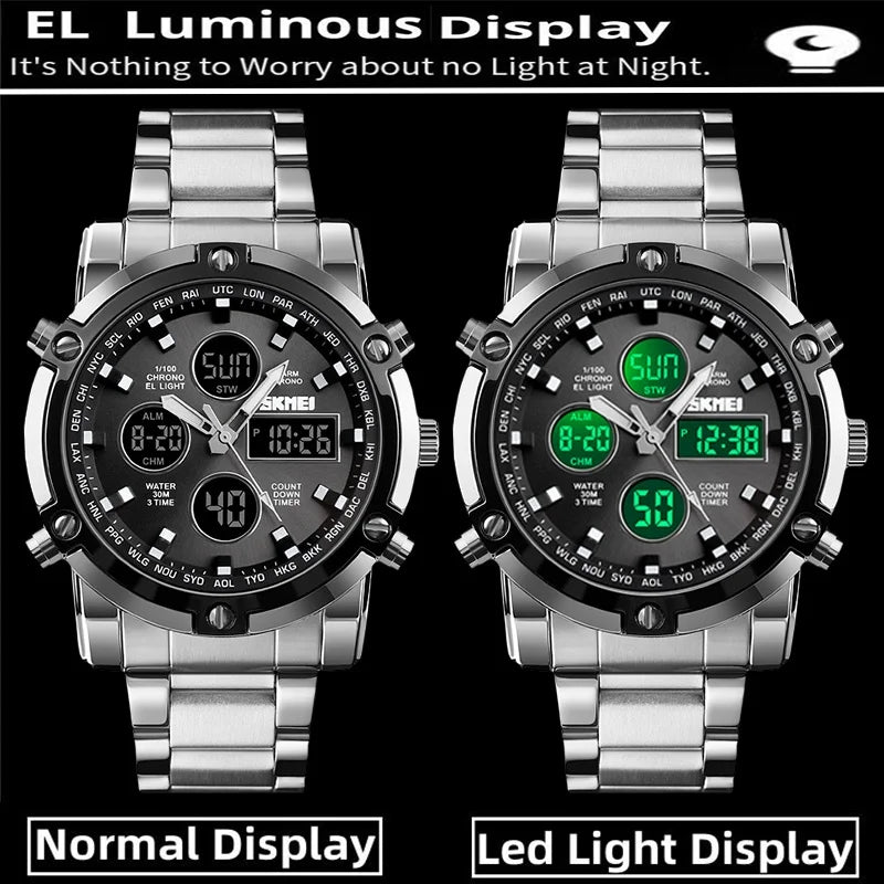 Montre Homme SKMEI Luxe Bracelet Acier 3 Fuseaux Horaires LED Sport Alarme Analogique Digitale Chronomètre | Montre SKMEI Multifonction Sport Luxe Premium